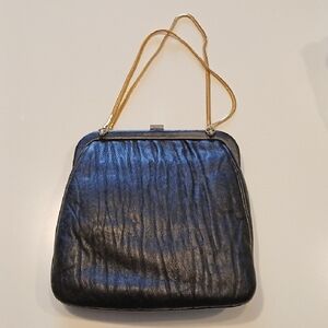 VINTAGE "Saks Fifth Avenue" Small Black Evening Bag With Gold Chain Handles.